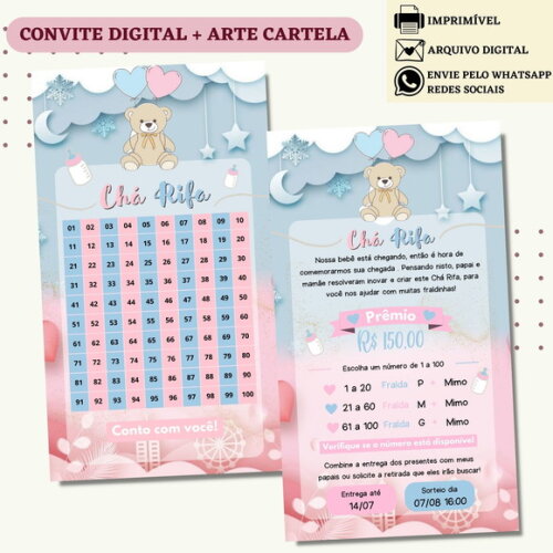 Convite Chá Rifa Revelação Chá Bebê Fralda Digital + Cartela