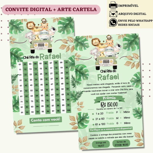 Convite Chá Rifa Safari Chá Bebê Fralda Digital + Cartela