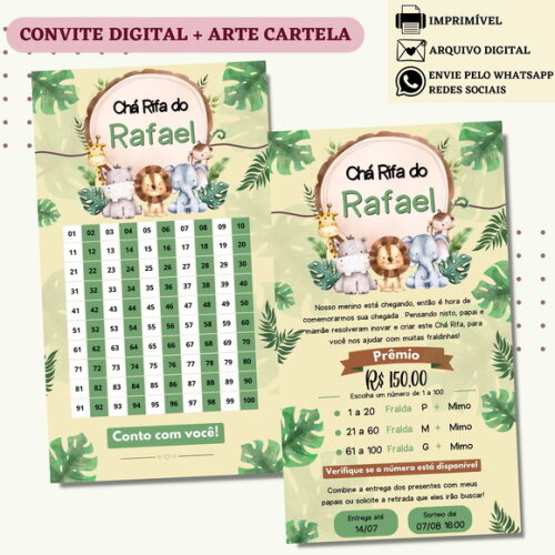 Convite Chá Rifa Safari Chá Bebê Fralda Digital + Cartela
