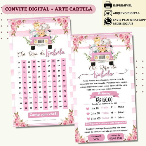 Convite Chá Rifa Safari Chá Bebê Fralda Digital + Cartela