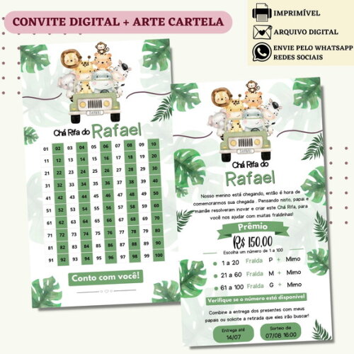 Convite Chá Rifa Safari Chá Bebê Fralda Digital + Cartela