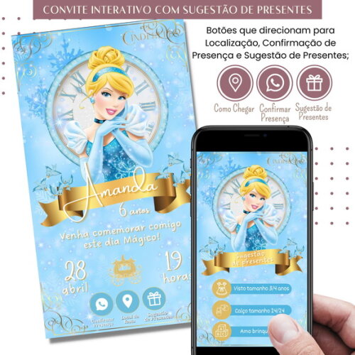 Convite Cinderela Digital Interativo Sugestão de Presente
