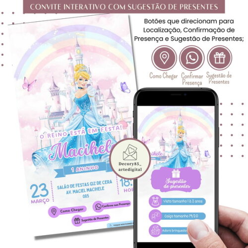 Convite Cinderela Digital Interativo Sugestão de Presente
