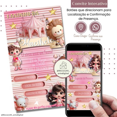Convite Circo Rosa Digital Interativo Sugestão de Presente
