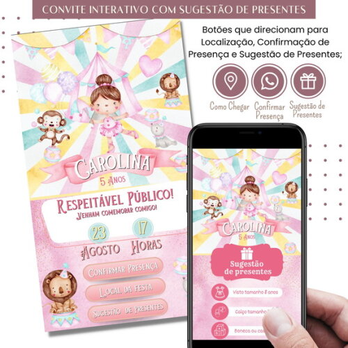 Convite Circo Rosa Digital Interativo Sugestão de Presente