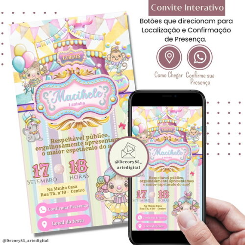 Convite Circo Rosa Digital Interativo Virtual