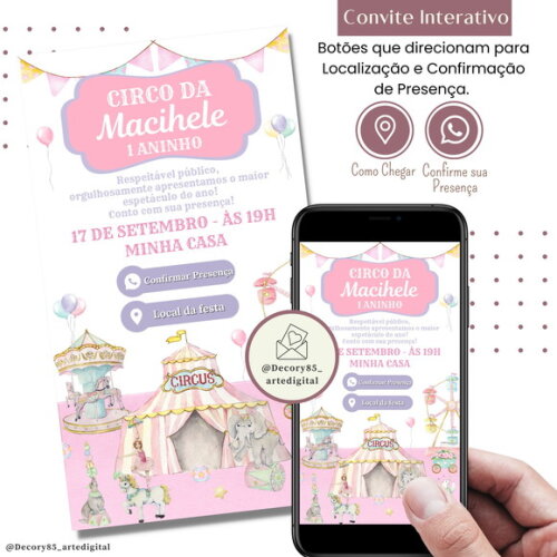 Convite Circo Rosa Digital Interativo Virtual