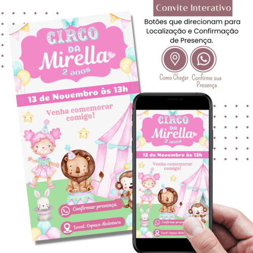 Convite Circo Rosa Digital Interativo Virtual