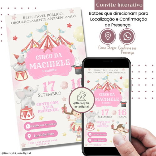 Convite Circo Rosa Digital Interativo Virtual