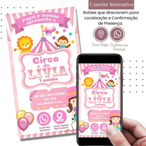 Convite Circo Rosa Digital Interativo Virtual