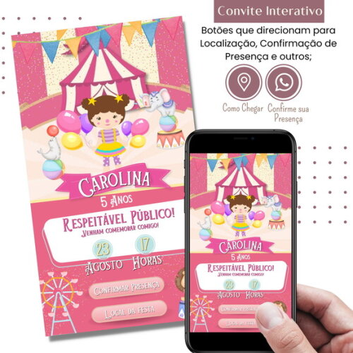 Convite Circo Rosa Digital Interativo Virtual