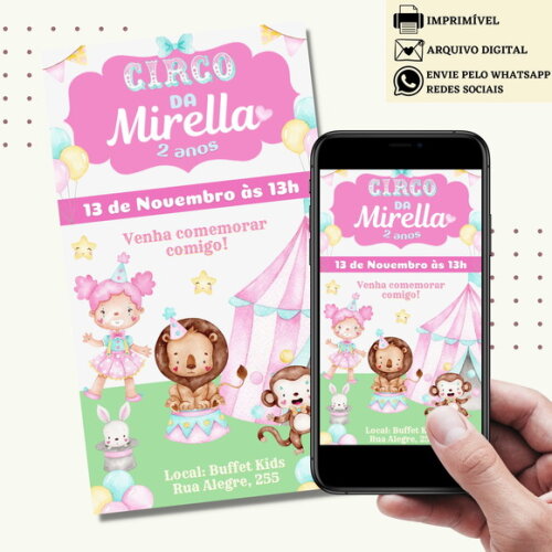 Convite Circo Rosa Digital Virtual