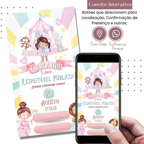 Convite Circo Rosa Digital Interativo Virtual