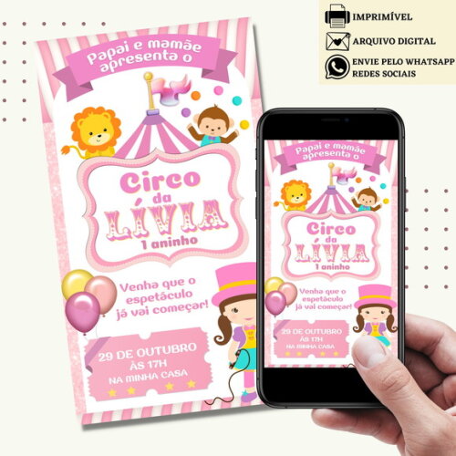 Convite Circo Rosa Digital Virtual