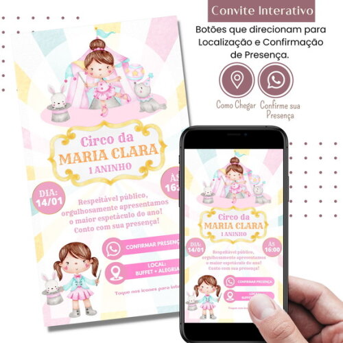 Convite Circo Rosa Digital Interativo Virtual