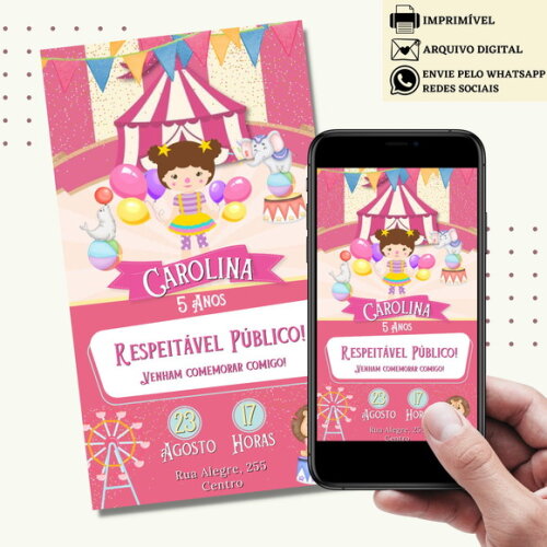 Convite Circo Rosa Digital Virtual Menina