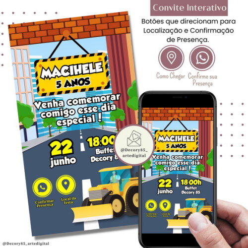 Convite Construção Trator Digital Interativo Virtual