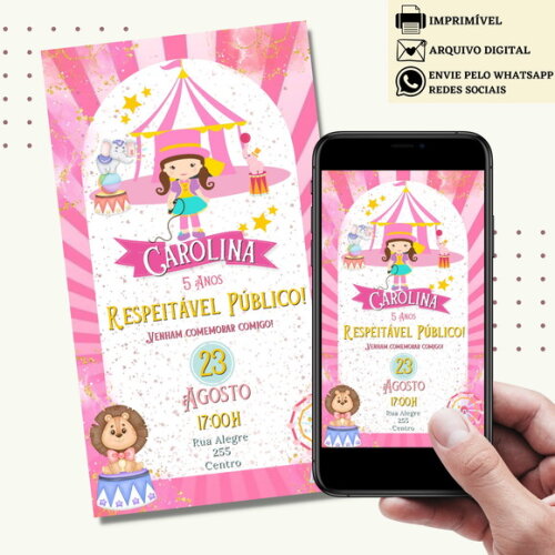 Convite Circo Rosa Digital Virtual Menina