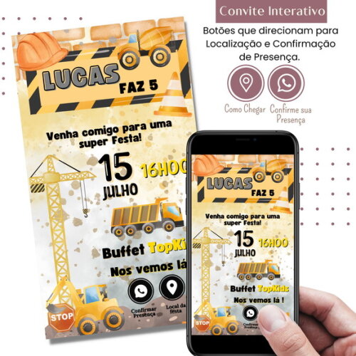 Convite Construção Trator Digital Interativo Virtual
