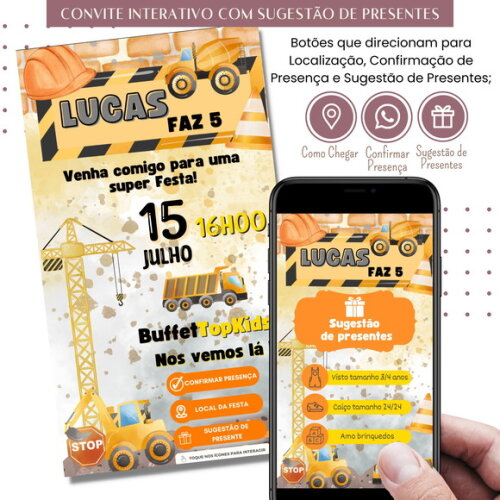 Convite Construção Trator Interativo Sugestão de Presente
