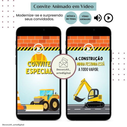 Convite Construção Trator Vídeo Animado com Música Digital