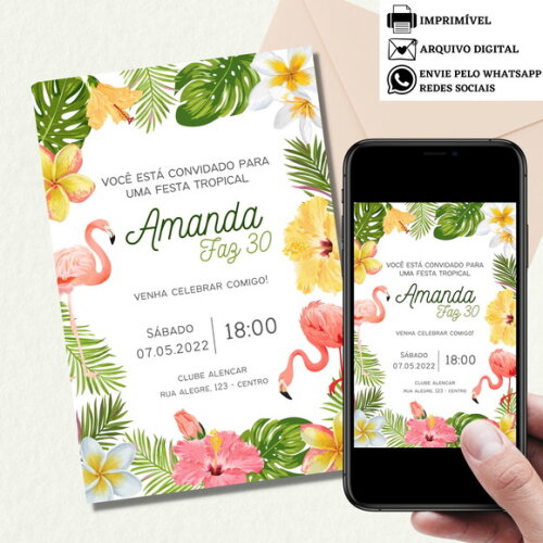 Convite Digital Adulto Havai Tropical 15,20,30,40,50 Anos