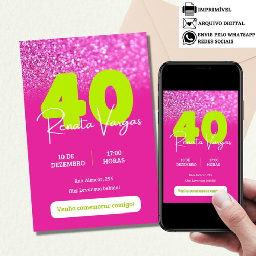 Convite Digital Feminino Virtual Rosa 15,20,30,40,50 Anos