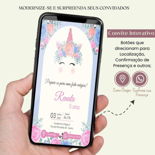 Convite Digital Interativo Virtual Unicórnio - Aniversário