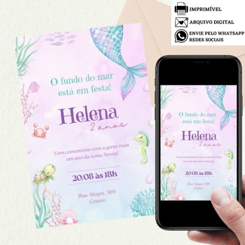 Convite Digital Sereia Fundo do Mar Virtual Aniversário
