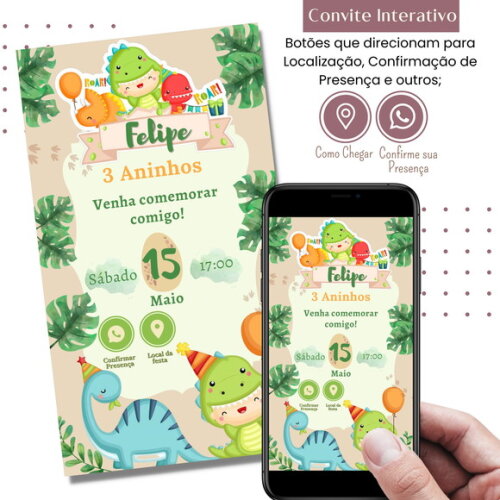 Convite Dino Baby Dinossauros Digital Interativo Virtual