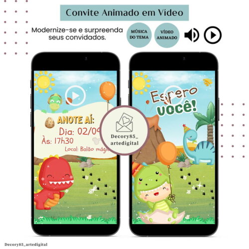 Convite Dino Baby em Vídeo Animado com Música Digital
