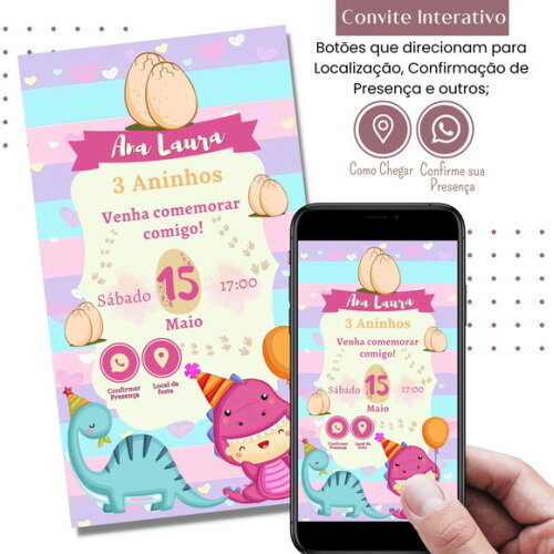 Convite Dino Baby Rosa Dinossauros Digital Interativo