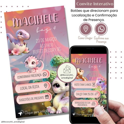 Convite Dino Baby Rosa Menina Digital Sugestão de Presente