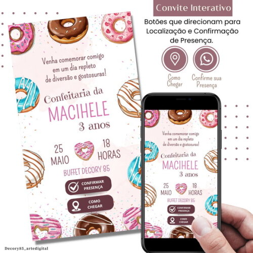 Convite Donuts Doce Digital Interativo Virtual