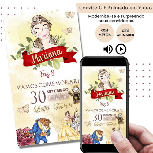 Convite em Vídeo a Bela e a Fera Animado Gif Música Digital