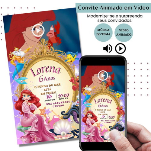 Convite em Vídeo Ariel a Pequena Sereia Animado com Música