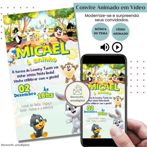 Convite em Vídeo Baby Looney Tunes Digital Animado Música