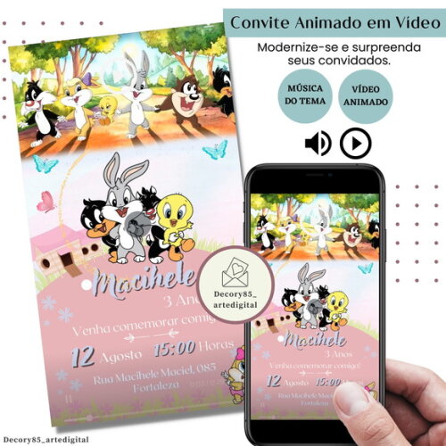 Convite em Vídeo Baby Looney Tunes Digital Animado Música