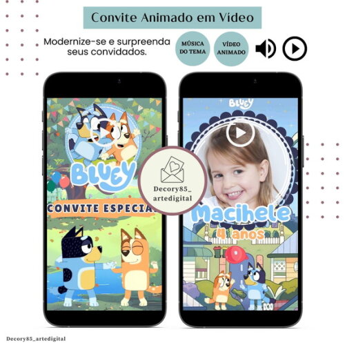 Convite em Vídeo Bluey Animado com Música Digital
