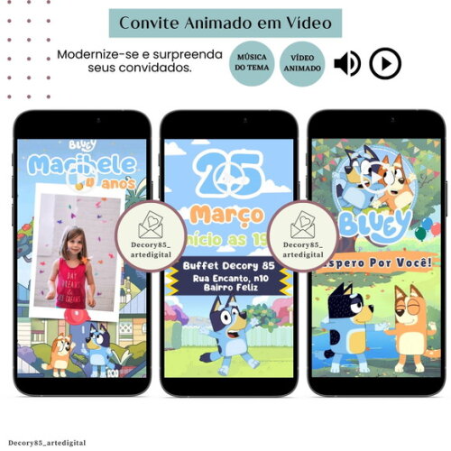 Convite em Vídeo Bluey Animado com Música Digital