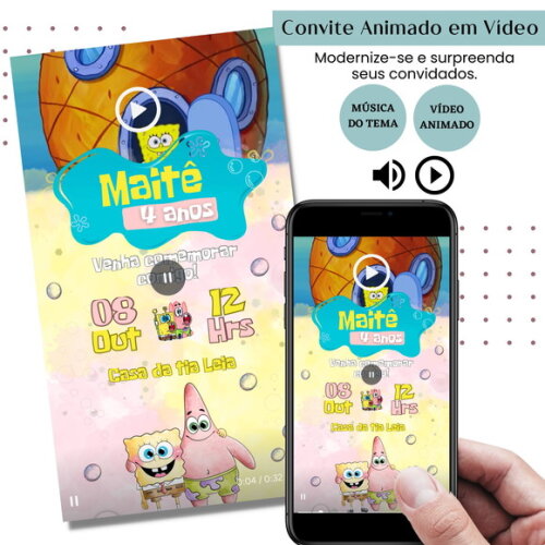 Convite em Vídeo Bob Esponja Animado com Música Digital