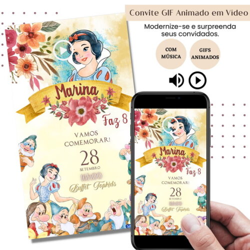 Convite em Vídeo Branca de Neve Animado Gif Música Digital
