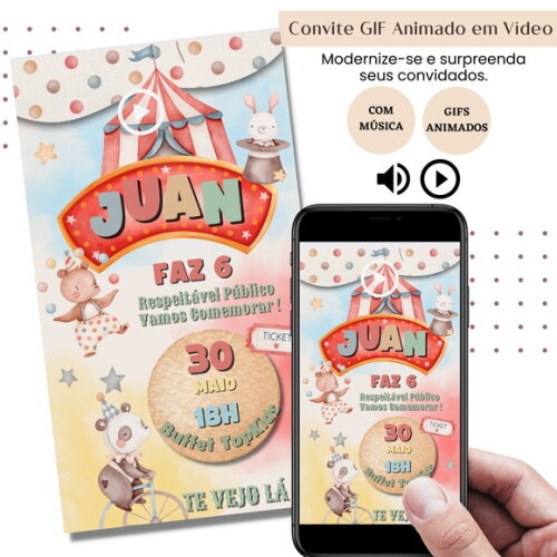 Convite em Vídeo Circo Animado Gif com Música Digital
