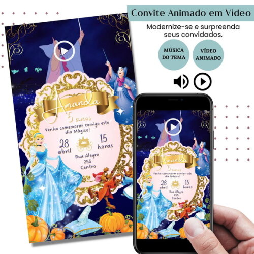Convite em Vídeo Cinderela Animado com Música Digital
