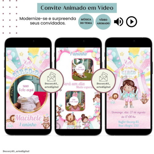 Convite em Vídeo Circo Rosa Animado com Música Digital