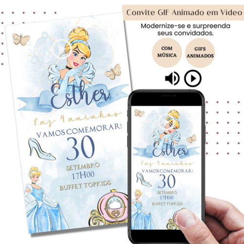 Convite em Vídeo Cinderela Animado Gif com Música Digital
