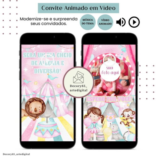 Convite em Vídeo Circo Rosa Animado com Música Digital