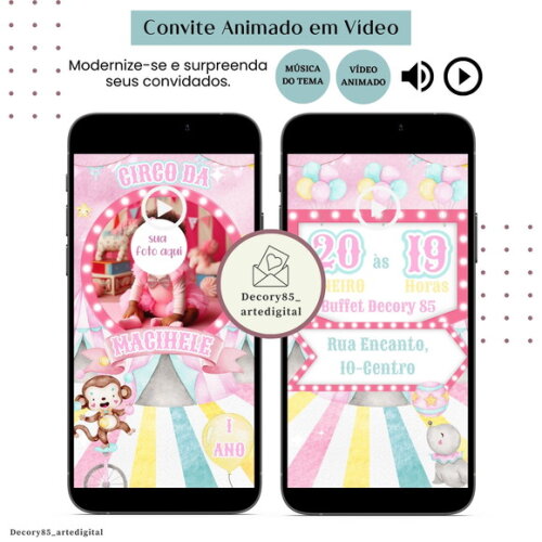 Convite em Vídeo Circo Rosa Animado com Música Digital