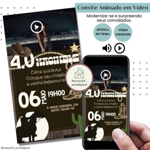 Convite em Vídeo Cowgirl Country Animado com Música Digital