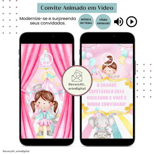 Convite em Vídeo Circo Rosa Animado com Música Digital